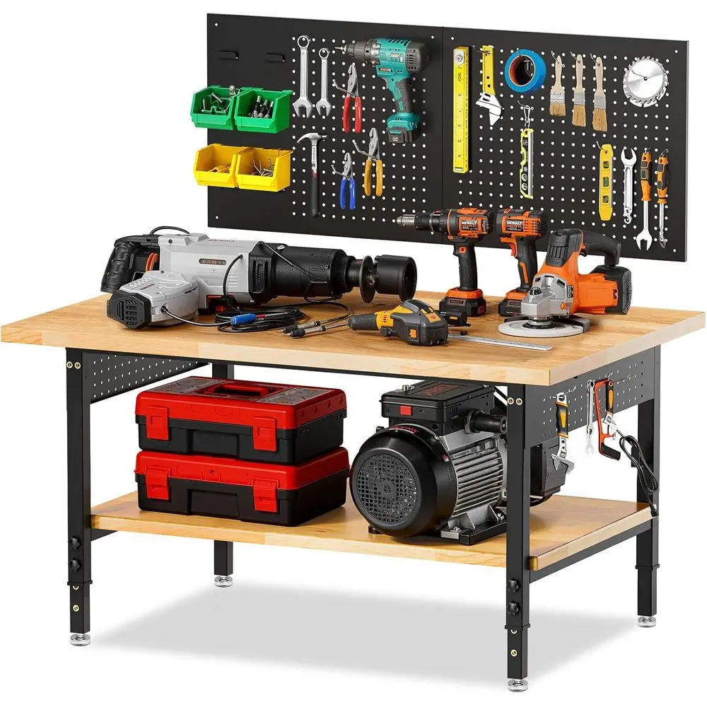 

Heavy-Duty Adjustable Height Workbench with Rubber Wood Top and Under Shelf for Garage, Workshop, Office, and Home Use