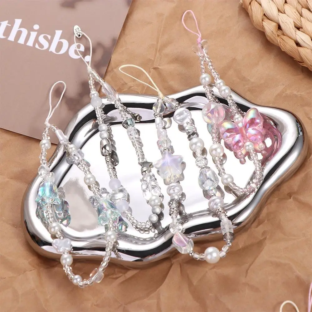 

Jewelry Gift Y2K Silver Cell Phone Strap Sweet Girl Clear Star Phone Lanyard Pendant Hanging Cord Beads Phone Chain Women Girl