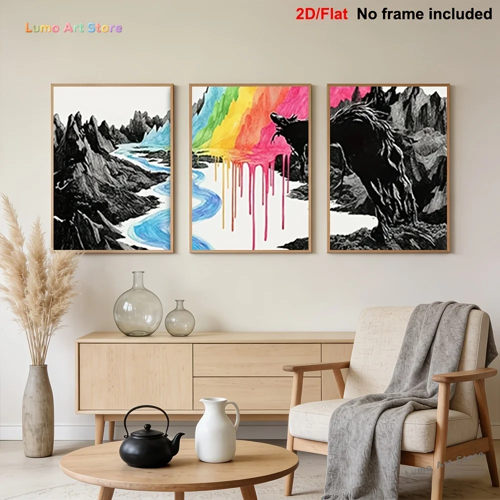 2D Flat, Home Decor Painting, Frameless, 3pcs Rainbow River Painting Wall Art Canvas Unframed, Perfect for Halloween and Chri