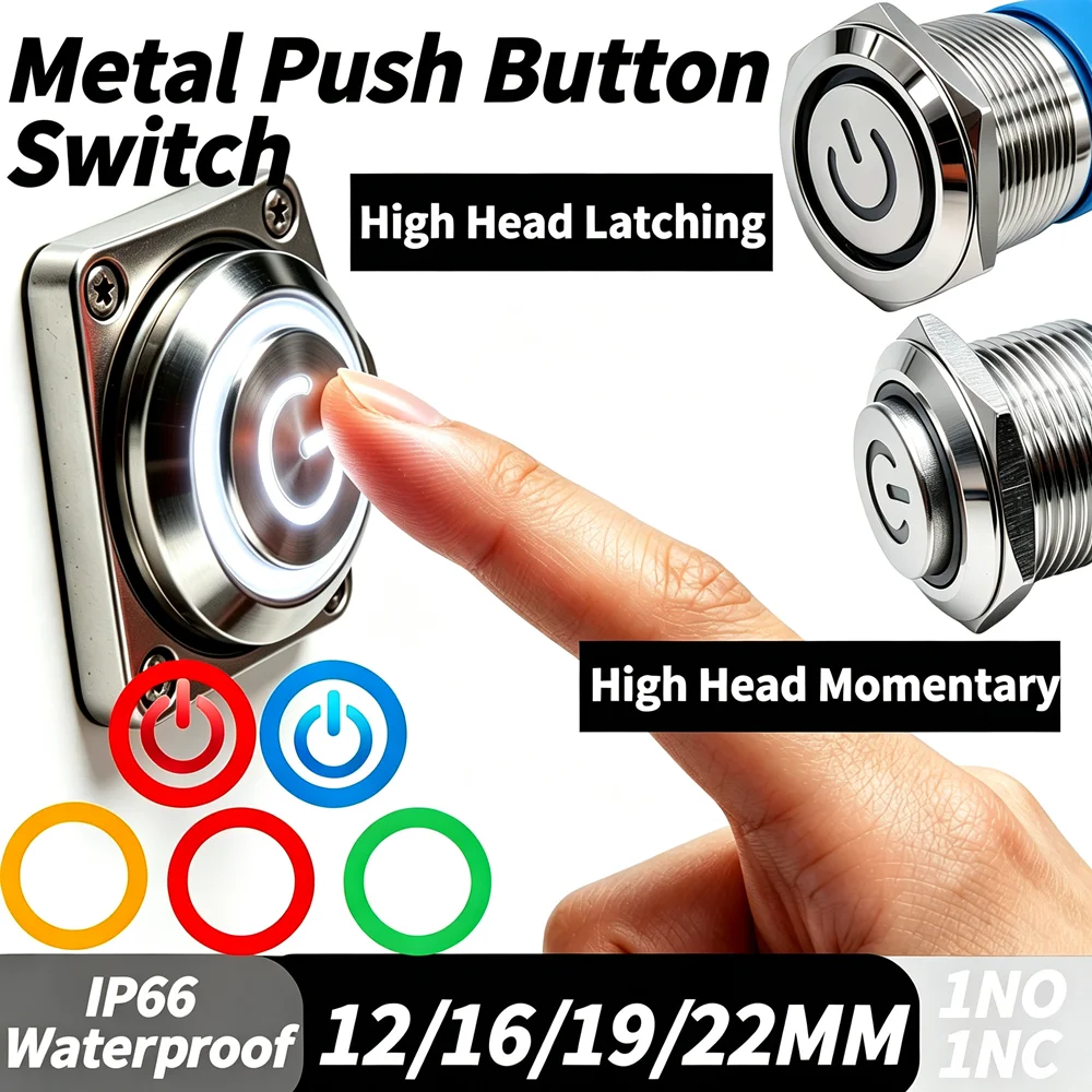 Image of 12mm 16mm 19mm 22mm IP66 Wasserdichter Runder Metall-Druckschalter, Rote LED Momentan Verriegelnd 3V 6V 12V 24V 110V 220V