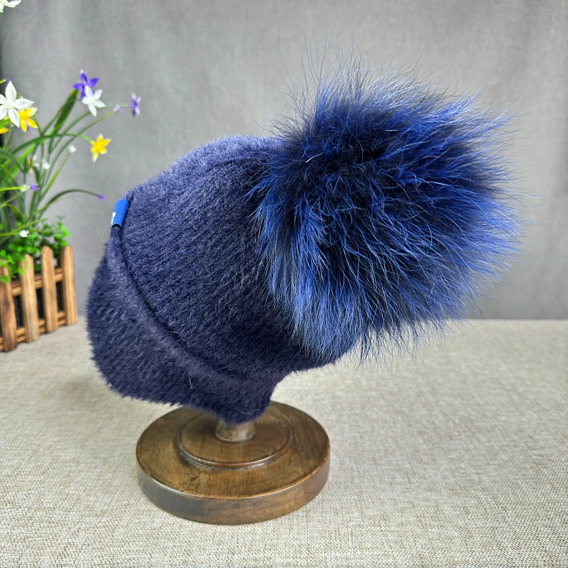 Natürliche pelz pompom frauen Winter Gestrickte Hut Outdoor Radfahren Gehörschutz Warme Schirmmütze Lässige Mode Hüte – Detail 4