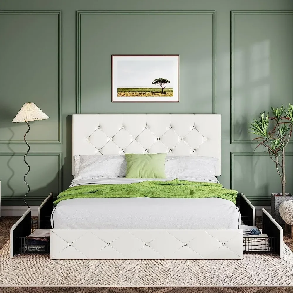 Upholstered Full Size Platform Bed Frame with 4 Storage Drawers and Headboard, Diamond Stitched Button Tufted