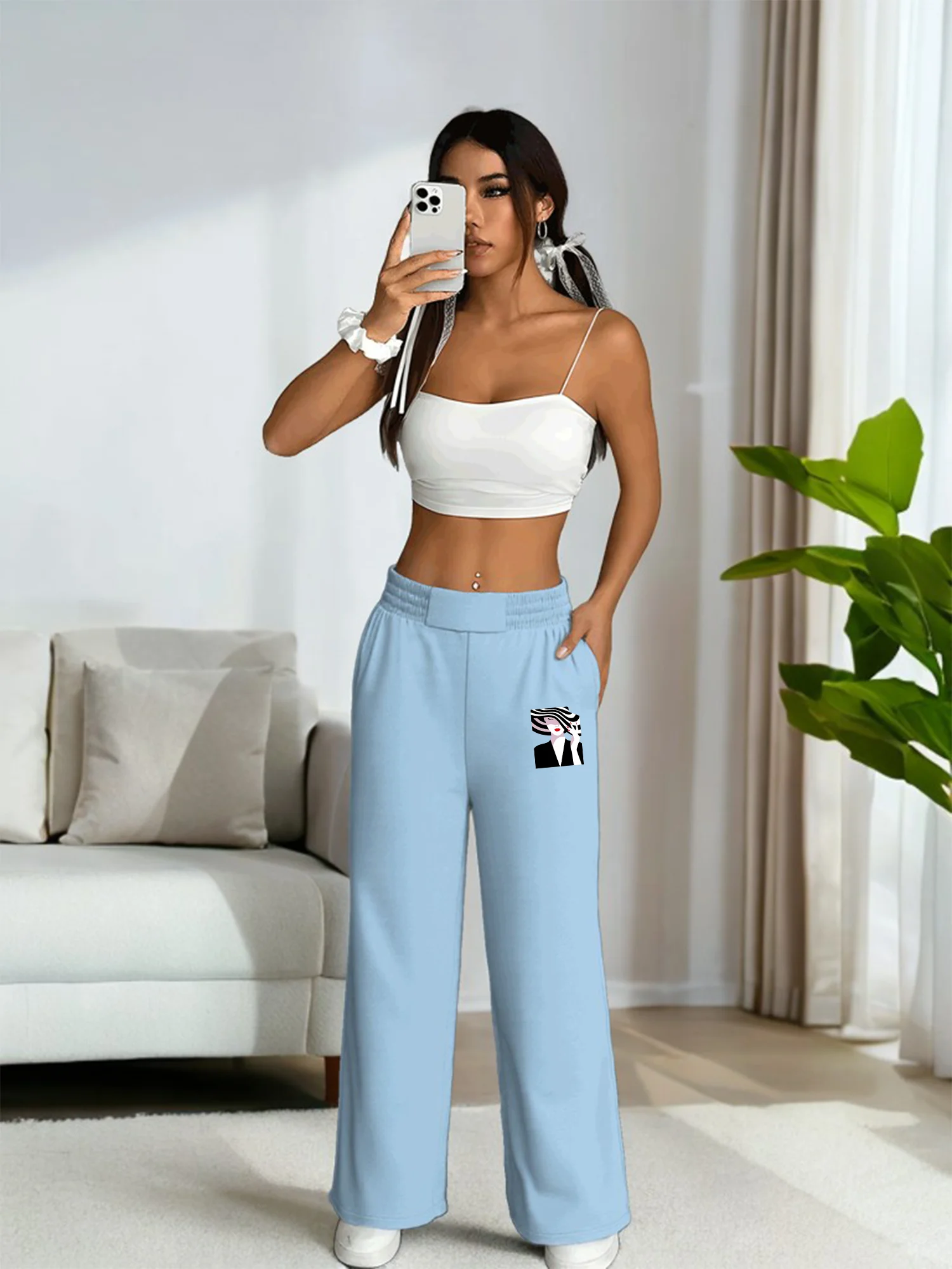 

Women's Abstract Figure Print High Waist Wide Leg Sweatpants, Casual Elastic Waist Light Blue Streetwear Trousers