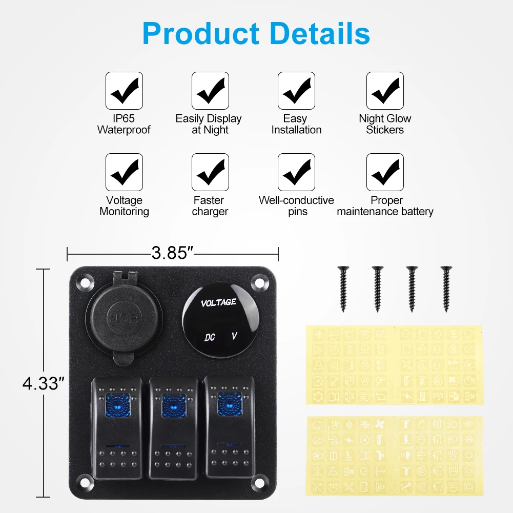 3 Gang Switch Panel 12~24V Waterproof Digital Voltmeter 4.8A Dual USB Port Outlet Combination Switch Panel Boat Car Accessories