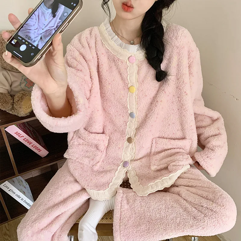 

Korean Sweet Half Fleece Pajamas Set Women's Winter Warm Thickened Sleepwear Lace Plush Outerwear Student Loose Home Clothes