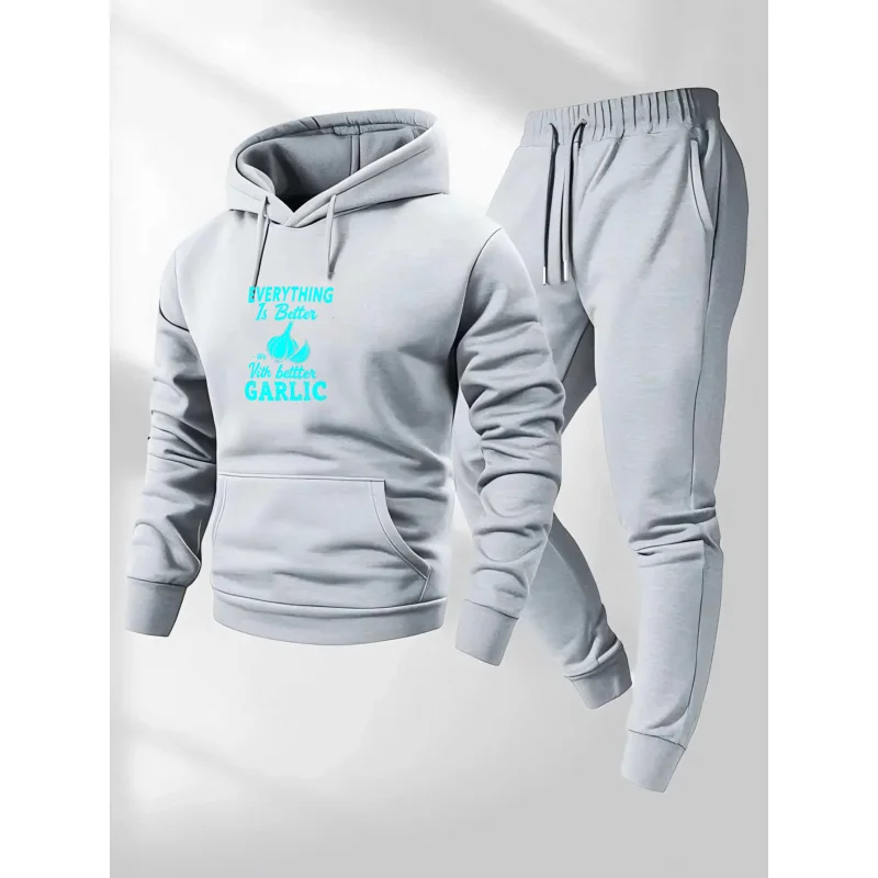 طقم هوديي رمادي فاتح بنمط مطبوع بالثوم ونص كل شيء أفضل مع ثوم الزبدة