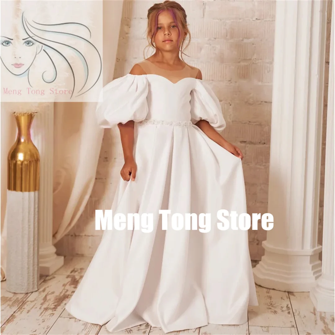 Customization Flower Girl Dresses Stain Appliques Belt With Bow Short Sleeve For Wedding Birthday First Communion Gowns