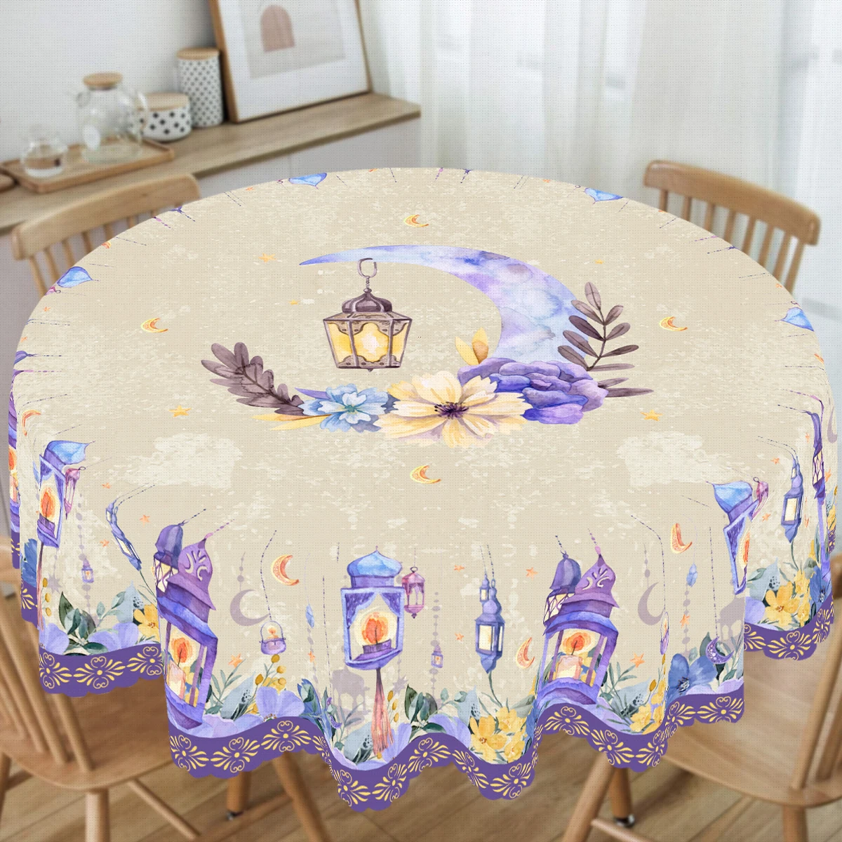 Ramadan Ink Wash Style Tablecloth, Fresh and Elegant Light Purple and Yellow Floral Ramadan, Vintage Islamic Style Ramadan Lamp, Classic Gilt Geometric Pattern Print, Embossed Edges, Waterproof, Wrinkle-Resistant, Fade-Resistant, Suitable for Home Kitchen Room Decoration, Ramadan Festival Decorative Tablecloth, Indoor and Outdoor Personalized Decoration, Perfect Gift for Family and Friends, Square and Round Tablecloth Table Cover, Suitable for Spring, Summer, Autumn, and Winter T030