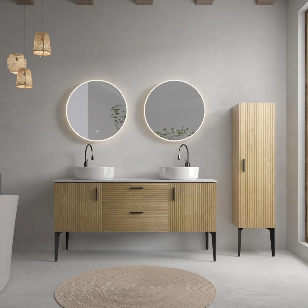 

Тумба для ванной Emilia 60 дюймов, полосатая, из натурального дуба, с керамической раковиной, отдельно стоящая, для современной ванной комнаты, KD