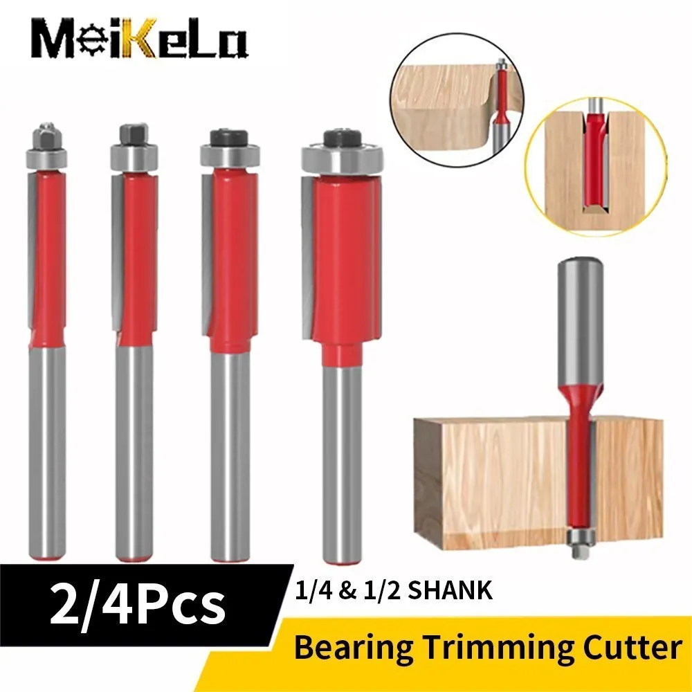 Meikela 2/4pcs Milling Cutter 6/6.35mm Wood Carving Double Bearing Trimming Cutter Woodworking Engraving Straight Router Drill