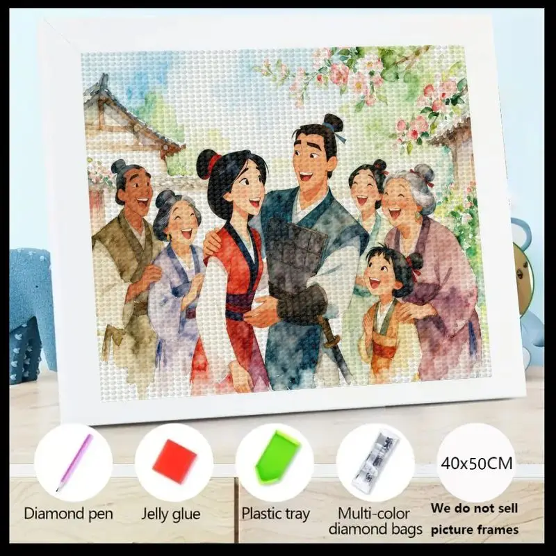 

1PC 5D Full Drill Diamond Painting Kit, Happy Chinese Family & Mulan Theme, Traditional Asian Cartoon Art Big Gem Painting, DIY
