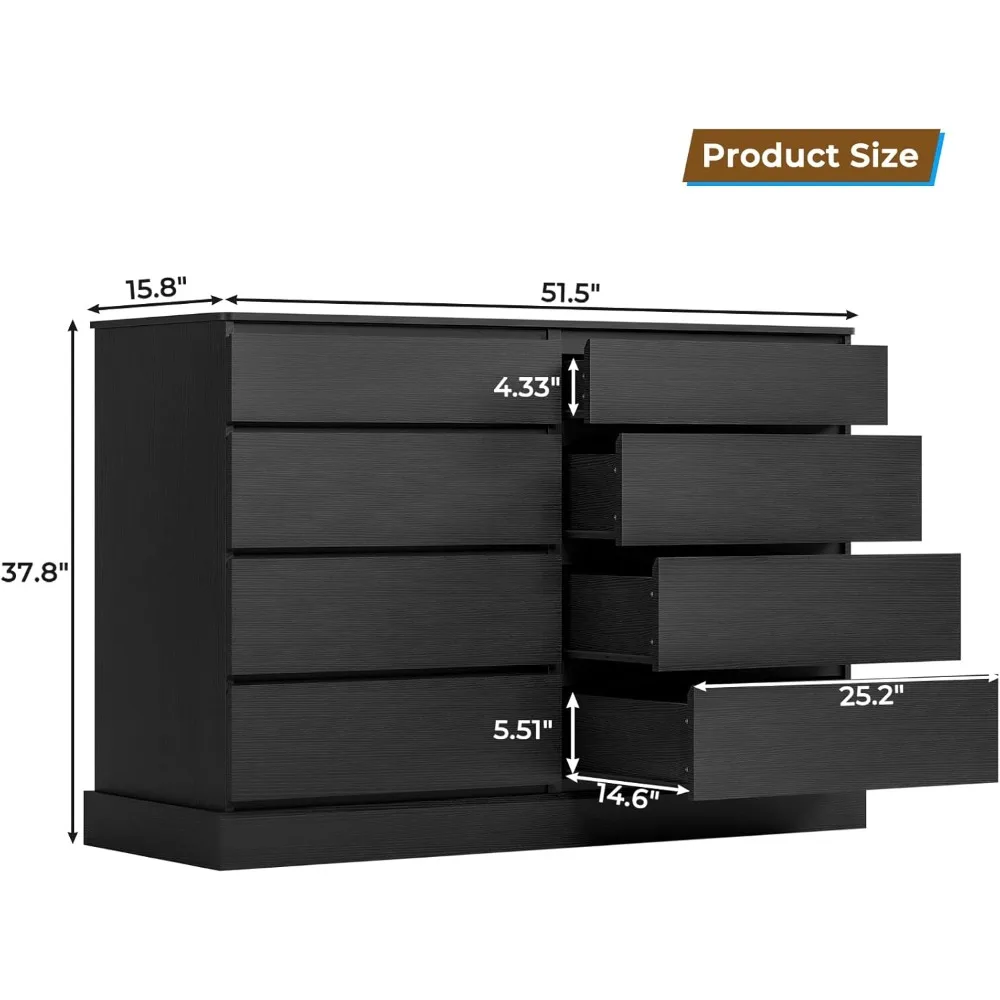 Black Dresser for Bedroom, Dresser with 8 Drawers, 51.5''W Wooden Dressers Chest of 8 Drawers, Capacity Clothing Storage Cabinet