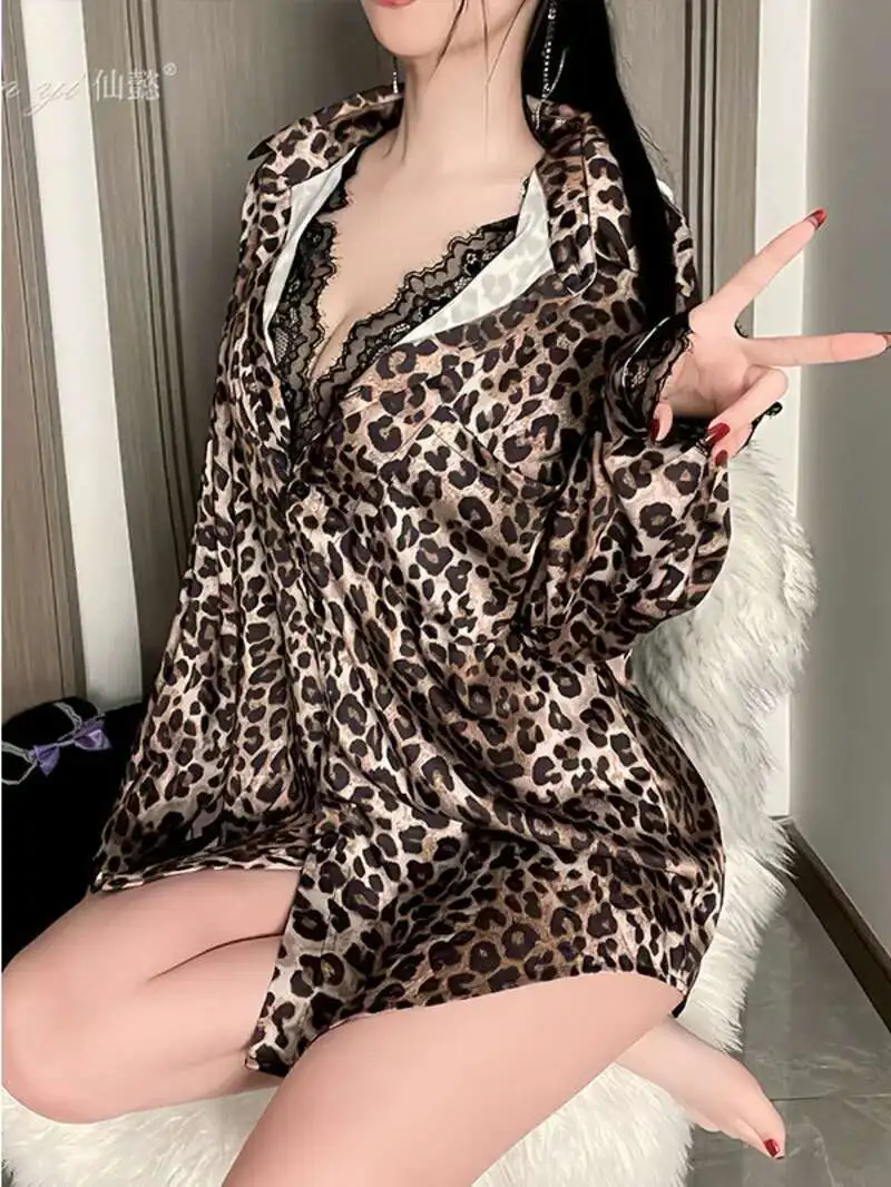 

Casual LEOPARD Loose Shirts Sexy Pure Desire Boyfriend Style Shirt Pajamas Lace Sexy Uniform Two-piece Dress Elegant K2TS