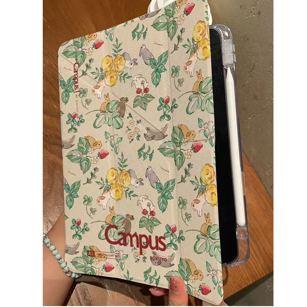 Retro Cute Rabbit Flower Y2K Y-Fold Tablet Case For iPad Pro 11 12.9 13 A16 M2 M4 M3 M5 5/6/7/8/9/10/11th Mini Air 3 4 5 6 Cover