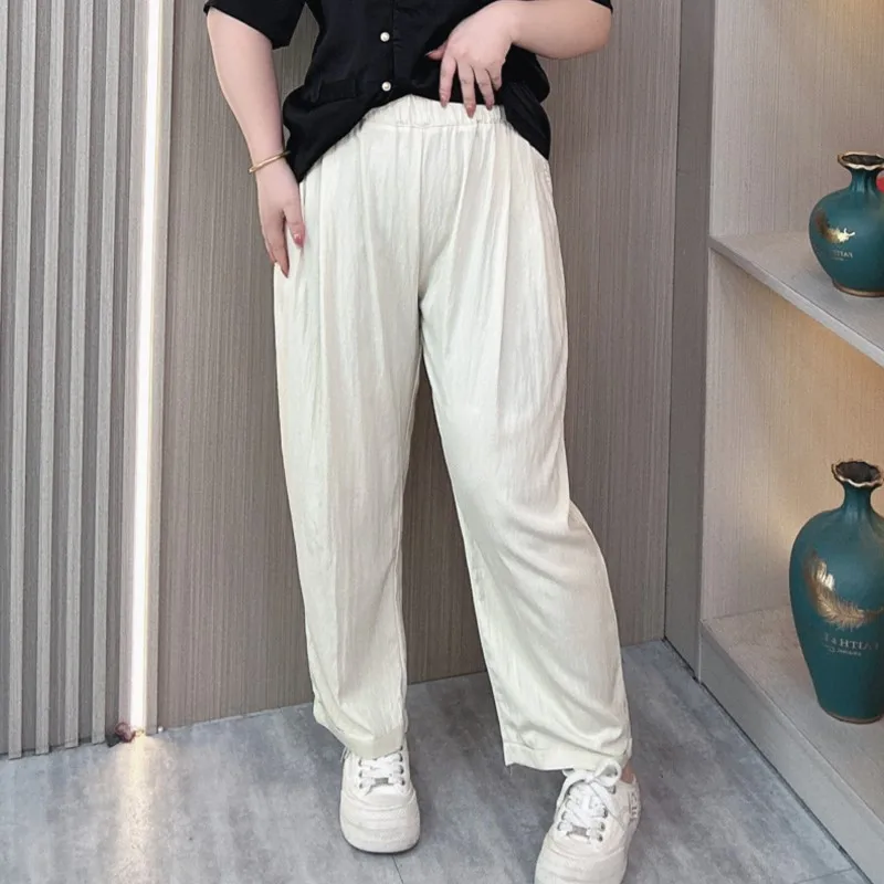 Plus Size Women's Summer Thin Wide Leg Pants Female Elastic High Waist Casual Straight Ice Cool Trousers