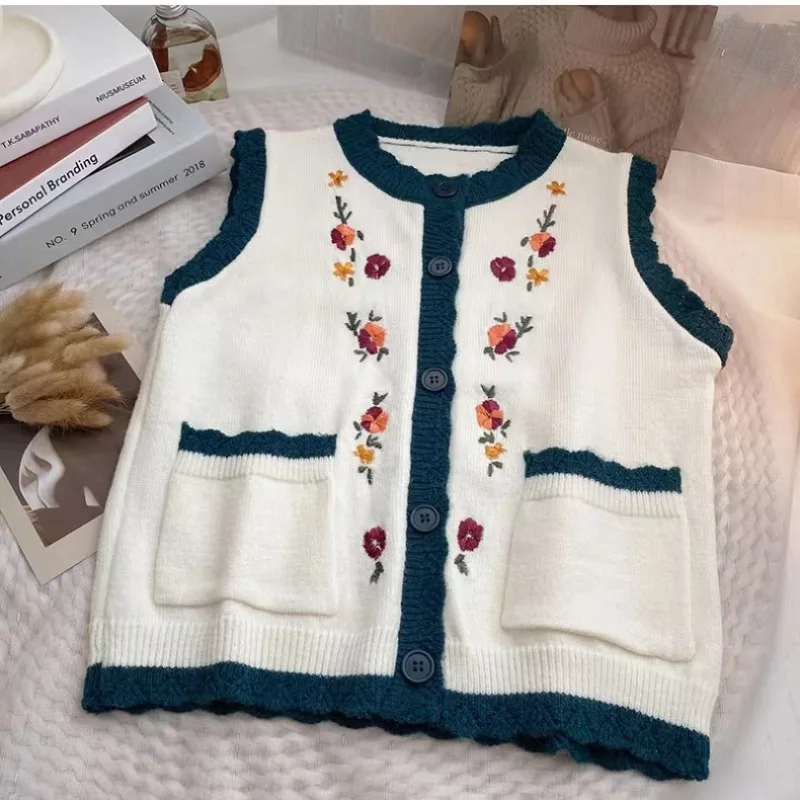 

Dark Blue Embroidered Cardigan Floral Knitted Vest Women Spring Outerwear, Layered, Camisole Loose Lazy Style Sweater Retro 2025
