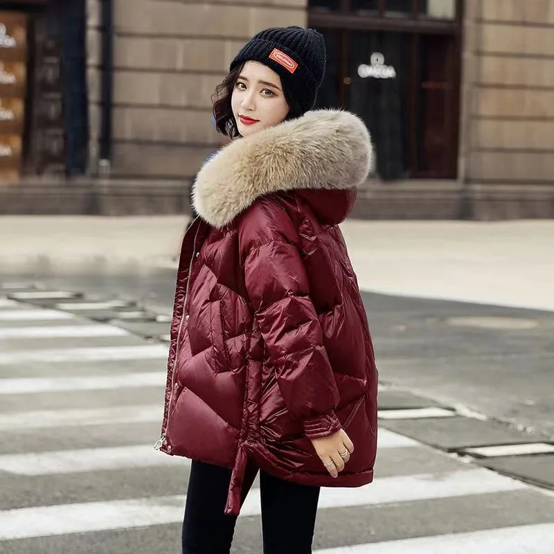 Down Cotton Jacket For Women Glossy Cotton Jacket New Winter Thicken Jacket Parka Hooded Fur collar coat