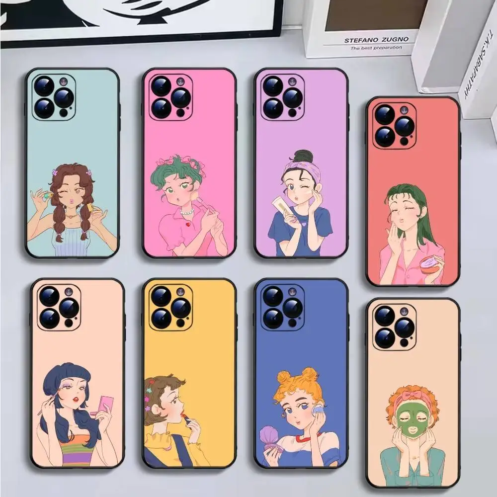 

Modern Young Women Makeup Phone Case For iPhone16,15,14,13,12,11 Plus,Pro Max,XS,X,XR,SE,Mini,8,7,Soft Black Cover