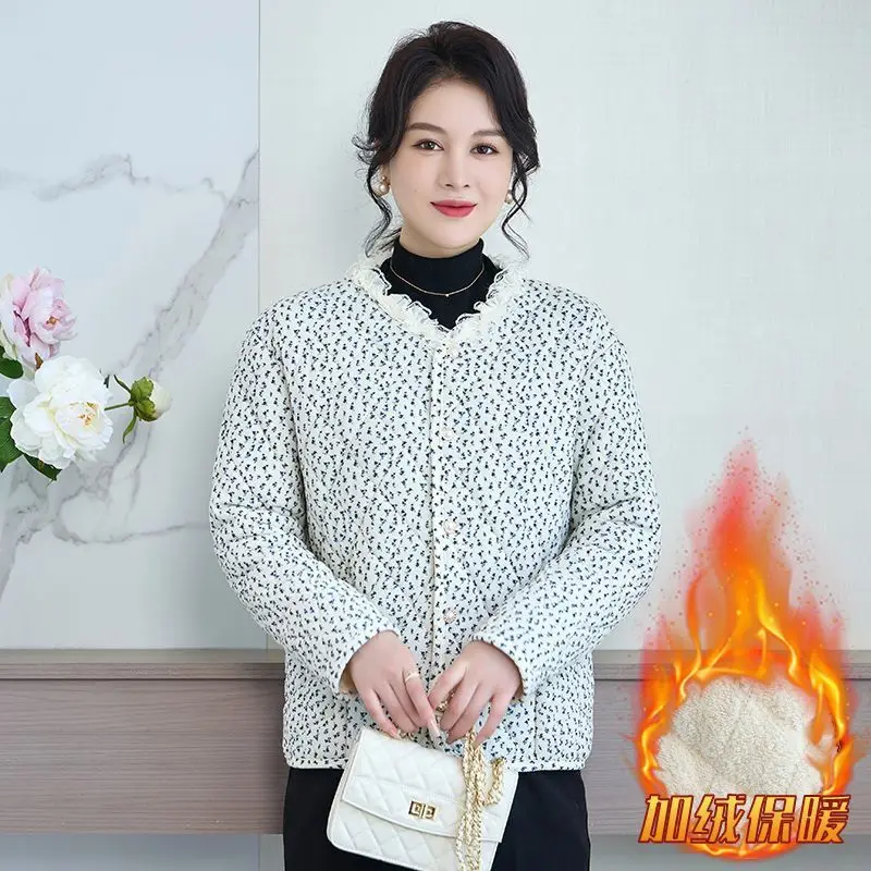 Women's Cotton-padded New Lace Coat 2025 Winter Female Age-Reducing Jacket Three-layer Padded Cotton Velvet Fashion Overwear