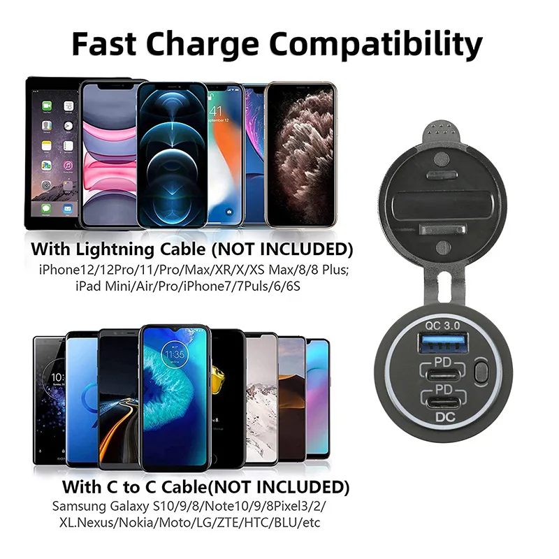 USB Car Charger Power Outlet QC3.0+Dual PD Fast Charger Socket with Switch for Car Marine Motorcycle