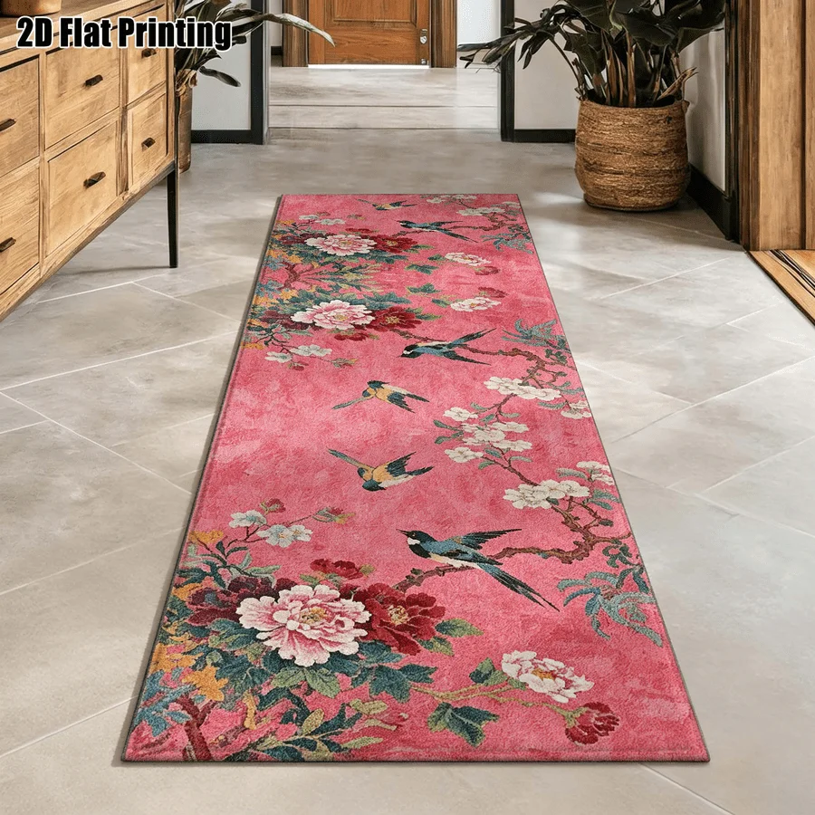 1Pc Chinese Flower Bird Peony Pattern Printed Long Carpet, Rustic Style Carpet, Suitable for Bedroom, Living Room, Corridor, Entrance, Bathroom, Bedside, Warm Home Decoration