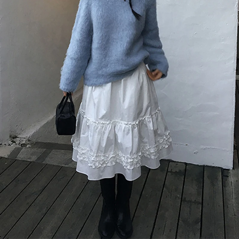 

Юбка миди в стиле Харадзюку, белая, с черными оборками, винтажная, лоскутная, летняя, женская, в японском уличном стиле, повседневная, А-силуэт, фальдас