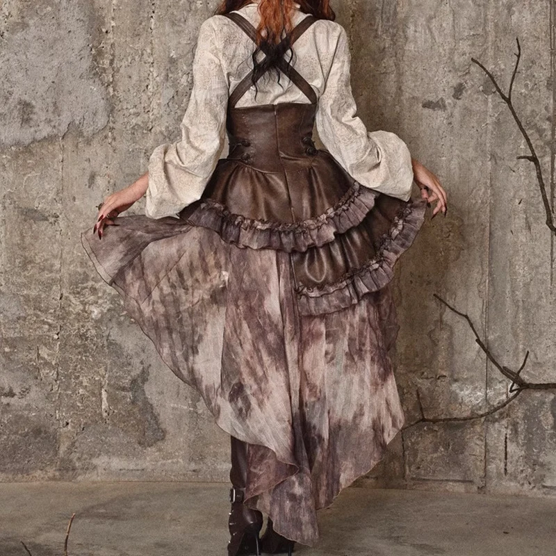 Ensemble de robe en cuir PU pour femme, rétro, marron, rivet, sangle de poitrine, vernis, japonais, steampunk punk, 2024, Y2K