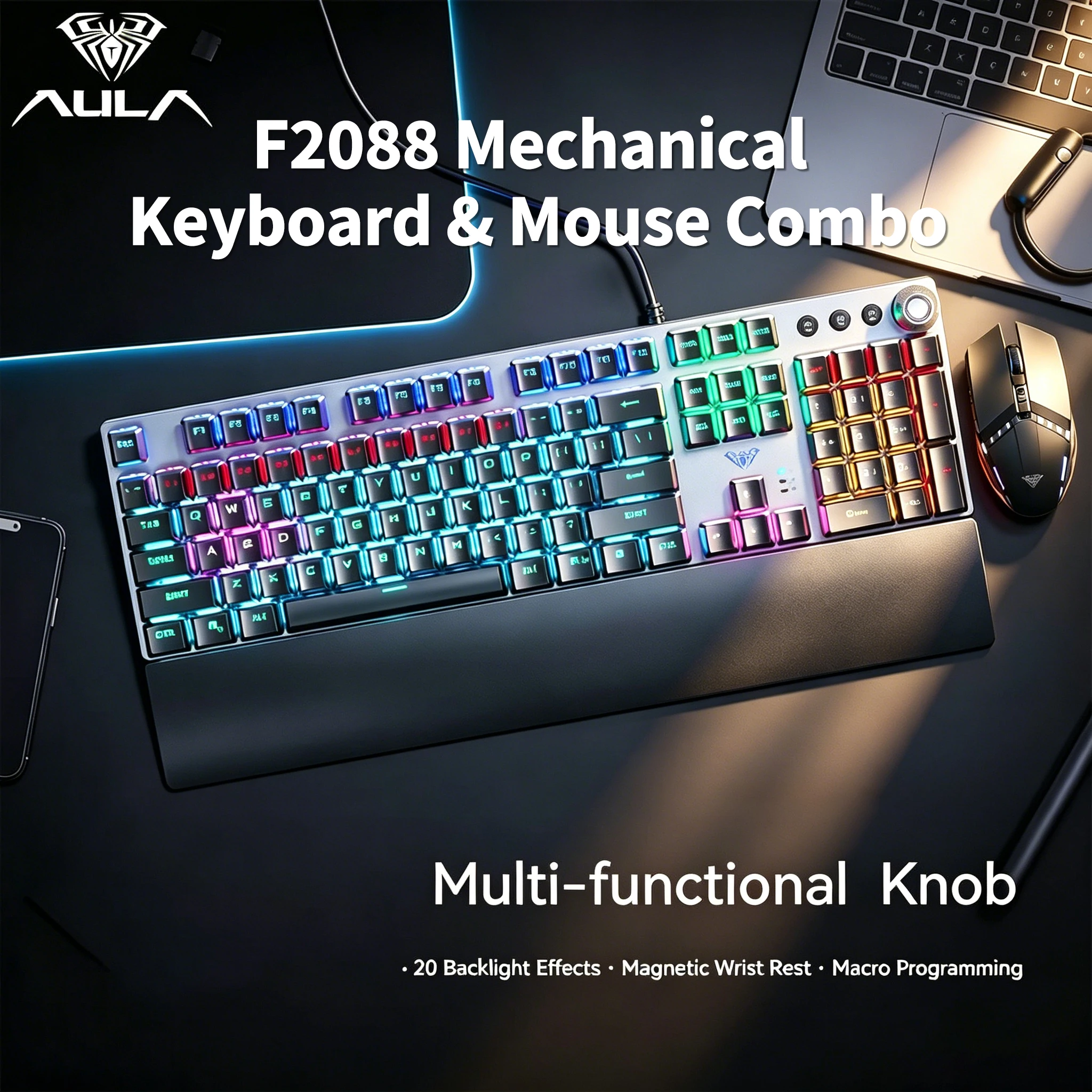 AULA F2088 Mechanical Keyboard Mouse Combo Backlight Wired 104Keys 100%layout Full Key No Punch for E-Sport Gaming Keyboard