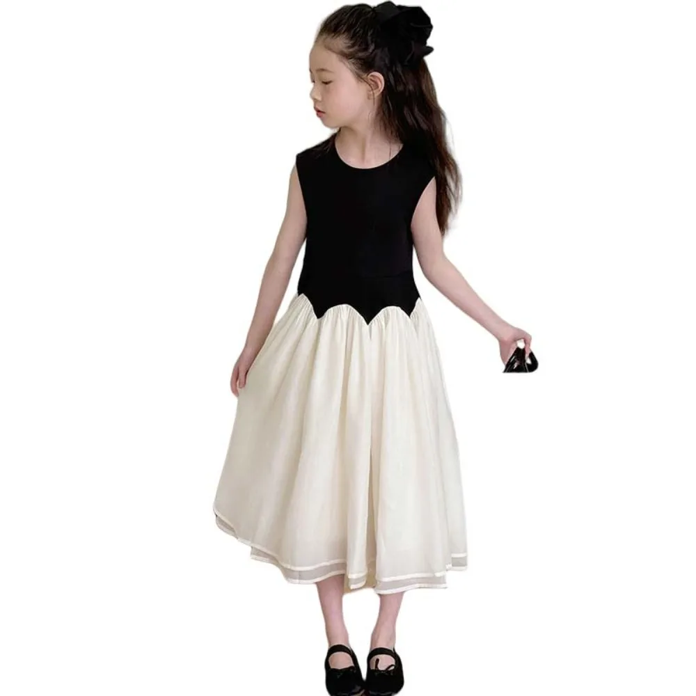 

Round Neck Children Princess Dress Black White Loose Kids Korean Long Dress Casual Long Girls Splicing Mesh Skirt Kids Girls