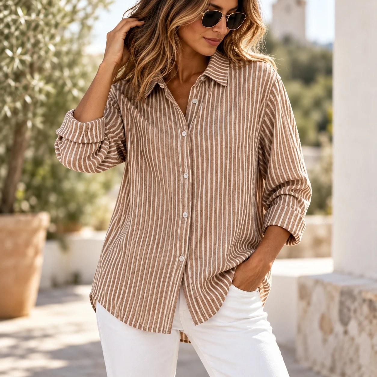 Casual Striped Shirt Regular Fit with Long Sleeve Bohemian 3D Pattern No Stretch Autumn Elegant Commuter Woven Women Blouse