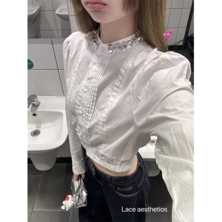 

Y2k White Loose Shirts & Blouses Sequins Sexy Crop Top Slim Fit Blouses 2025 Early Autumn New White Blusas De Mujer