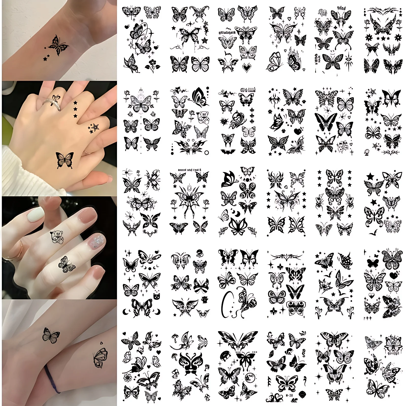 30pcs/lot Girl Women Aesthetic Black Butterfly Tattoo Adhesive Tiny Heart Moon Temporary Tattoo Transfer for Hand Chest Shoulder