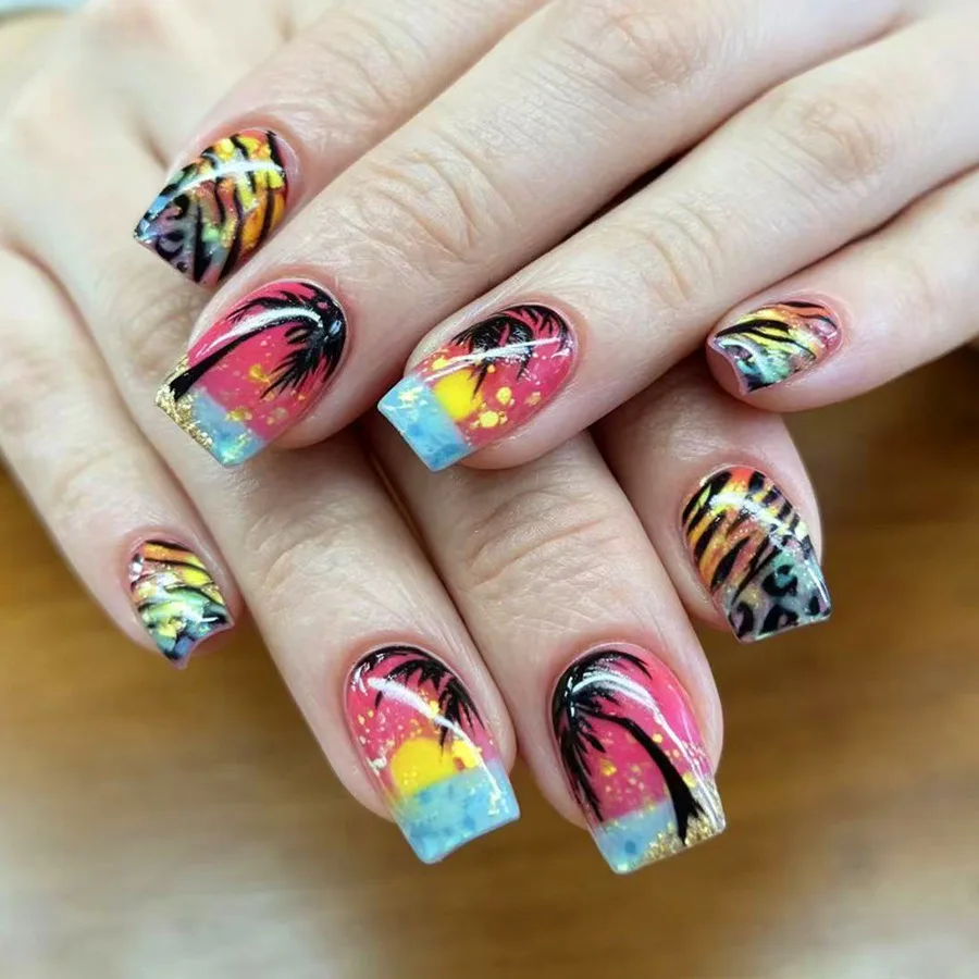 

24Pcs Short Square Wearable Press on Nails Summer Seaside Gradient Fake Nails Tips Coconut Tree Sunset Shiny Powder False Nails