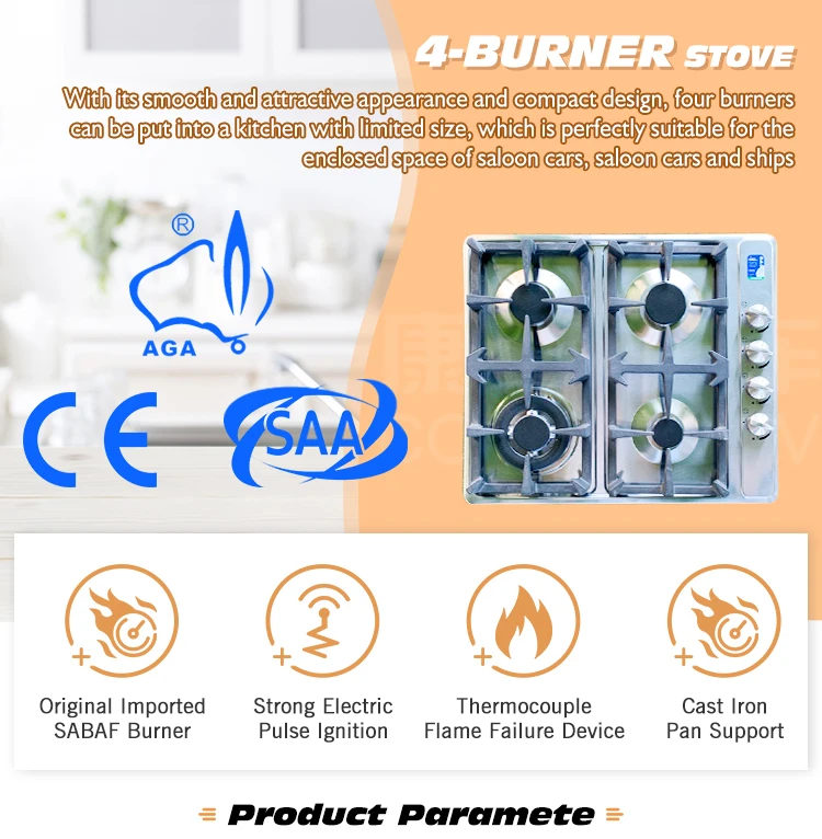 AGA Certification 4-Burner Gas Stove Cooktop Combo with SUS 304 Stainless Steel and Lightweight Design for Caravan Motorhome