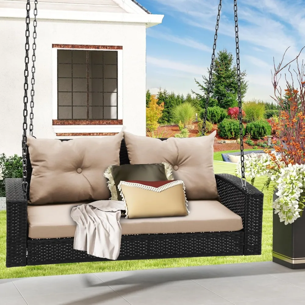 

Hanging Porch Swing Chair Outdoor Wicker Rattan Patio Swing Lounge 2 Seats Cushions Capacity 530lbs for Balcony, Garden, Living