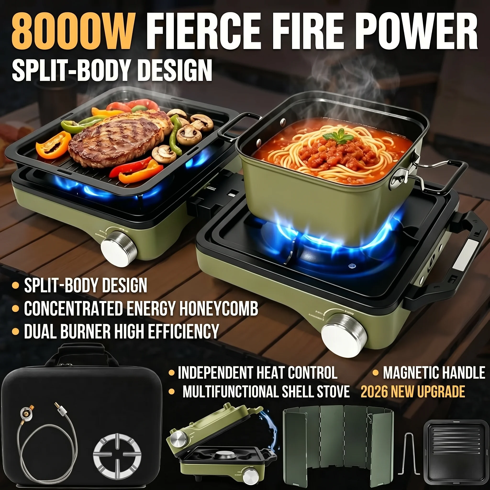 2026 New Upgrade 2 Burner Camping Stove With 2-In-1 Cookware Set, 24000 BTU Propane Gas Stove, Foldable Camp Stove With Frying