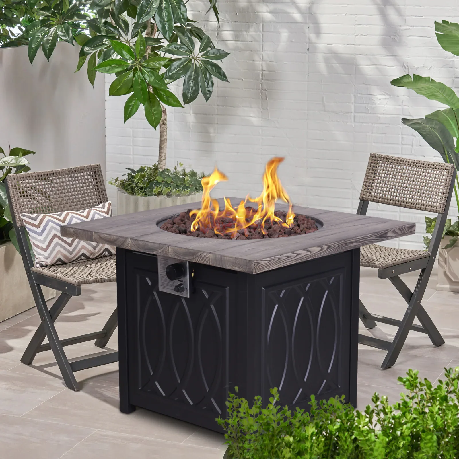 Faux Woodgrain Tabletop and Steel Base Propane Outdoor Fire Pit Table with Lid – Stylish and Durable for Patios and Backyards