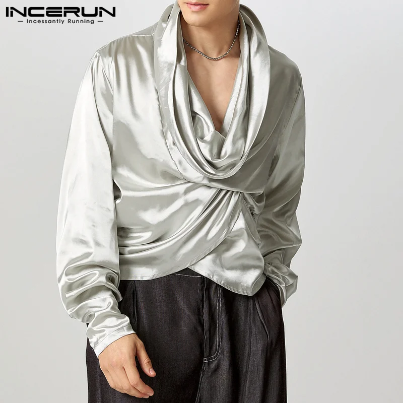 

INCERUN Men Shirt Solid Color V Neck Long Sleeve Pleated Satin Casual Male Irregular Shirts Streetwear 2025 Fashion Crop Tops