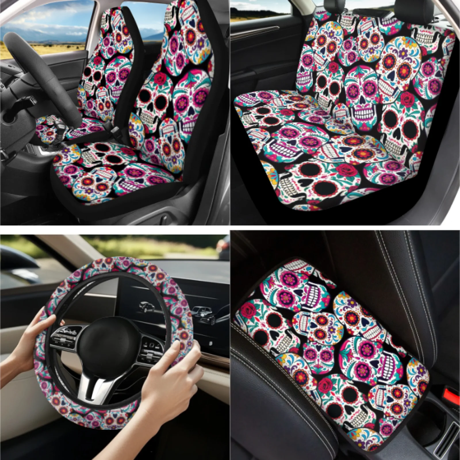 Coloranimal 13 Pcs Auto Interior Accessories Set, Car Seat Covers, Steering Wheel Cover, Coasters, Keychains, Suitable for Cars