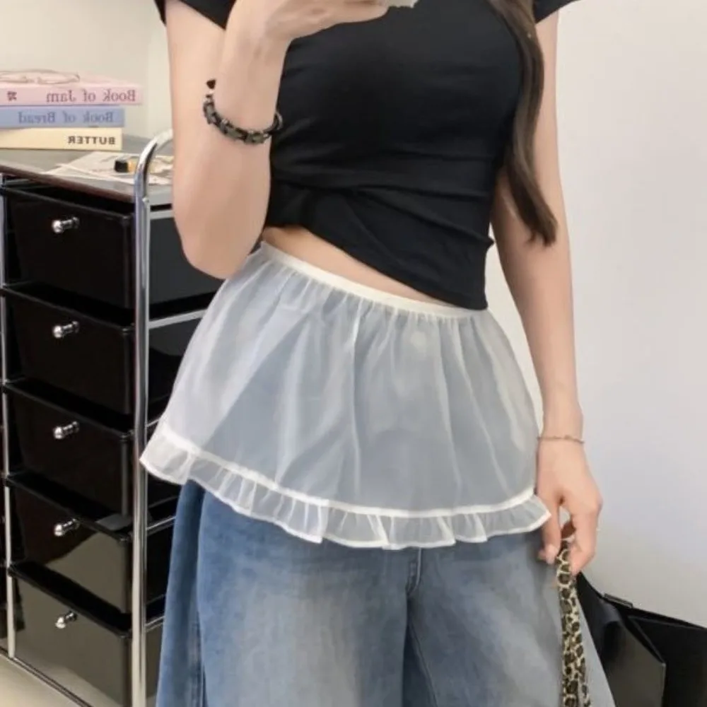 

Мини-юбка в стиле Харадзюку с кружевной сеткой, высокой талией, оборками, многослойная, с декоративным джинсовым подолом, эластичная плиссированная юбка