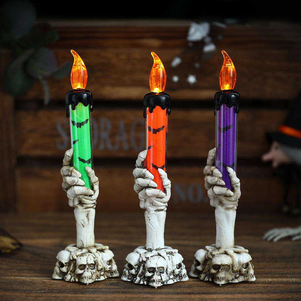 1pc Halloween Decoration Skull LED Candlestick Battery Smoke-free Bat Lights Pumpkin Candle Haunted Home Bar Horror Props