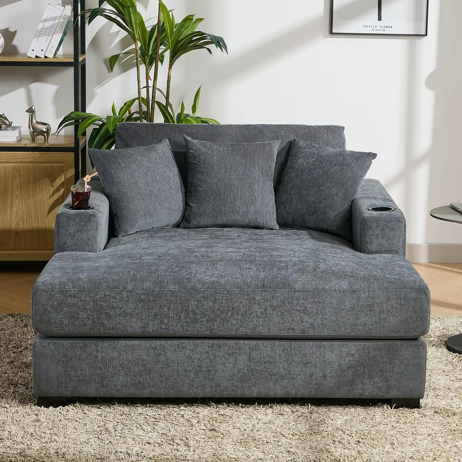 Indoor Oversized Chaise Lounger, Chenille Fabric Sleeper Sofa Couch with Pillows, Charge Station & Cup Holders