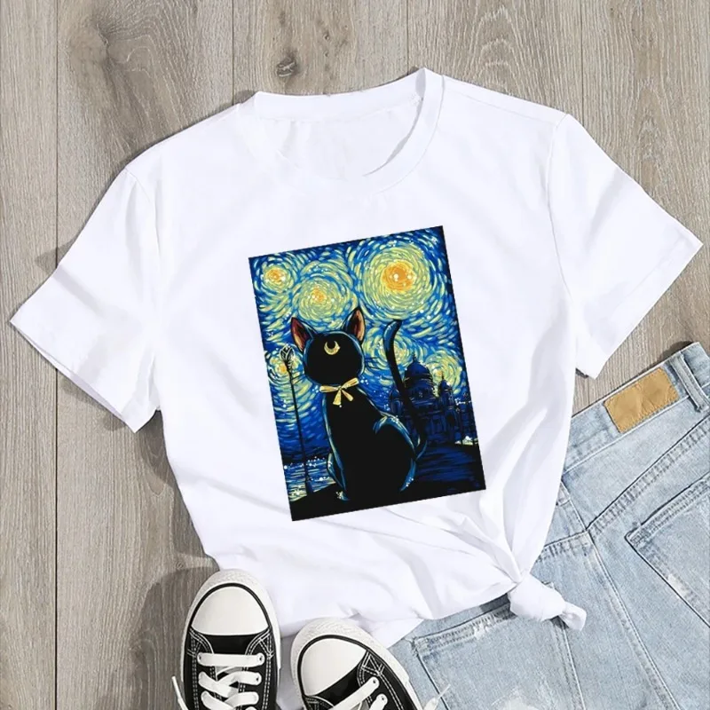 Van Gogh Starry Night Cat in The Print Women's Clothing T-shirt Aesthetic Pattern White Short Sleeved Polyester Women's T-shirt