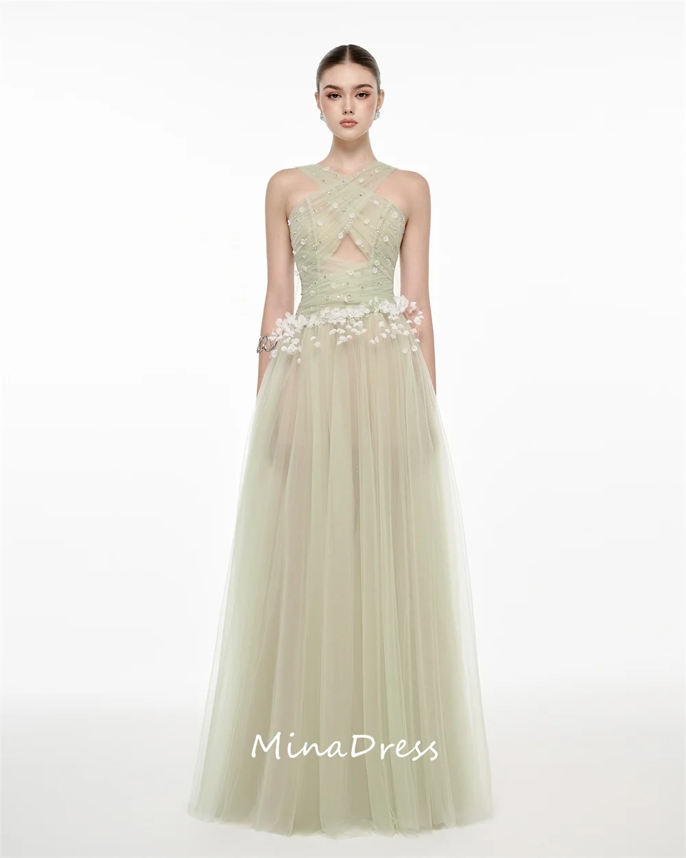 Mina Custom Transparent Luxury Elegant 3D Flower Sequin Gemstone Cross Strap Party Dress for Special Occasions