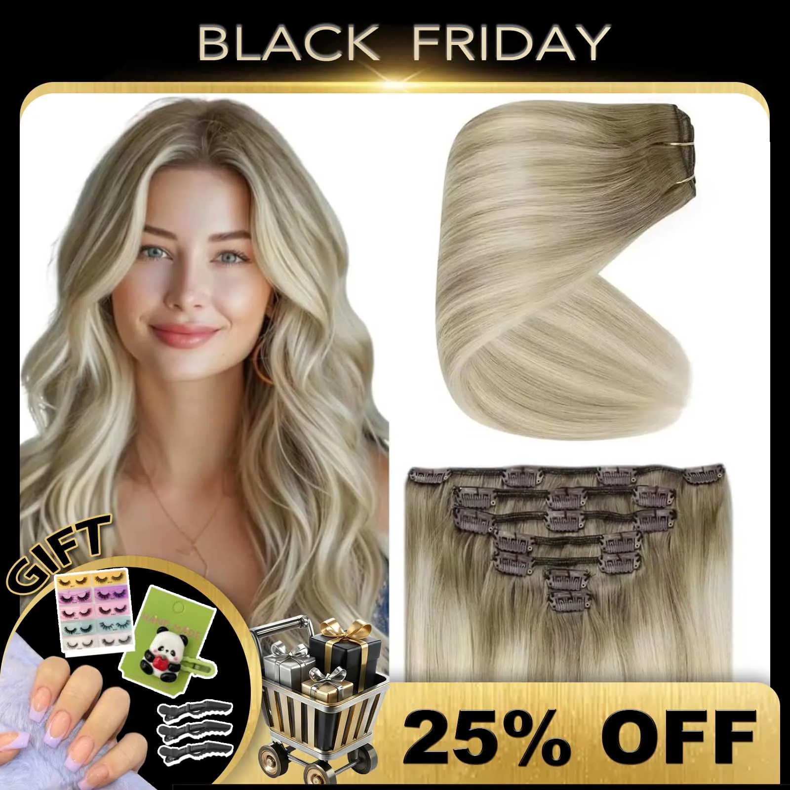 YoungSee Ombre Black Clip in Hair Extensions z koronkową mieszanką czarnego i srebrnego z czarnymi korzeniami ludzkich włosów do salonu 7 szt. 120G