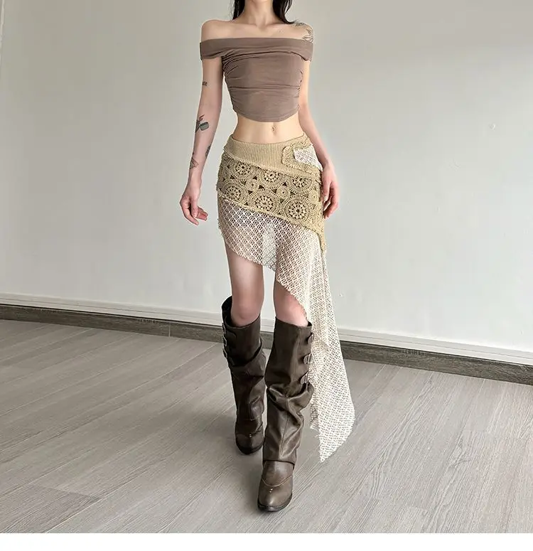 

Skirts Mini Women Dark Gothic Patchwork Leather Asymmetric Layered Distressed Raw-Edge Cargo Pockets Punk Steampunk Halloween Ol