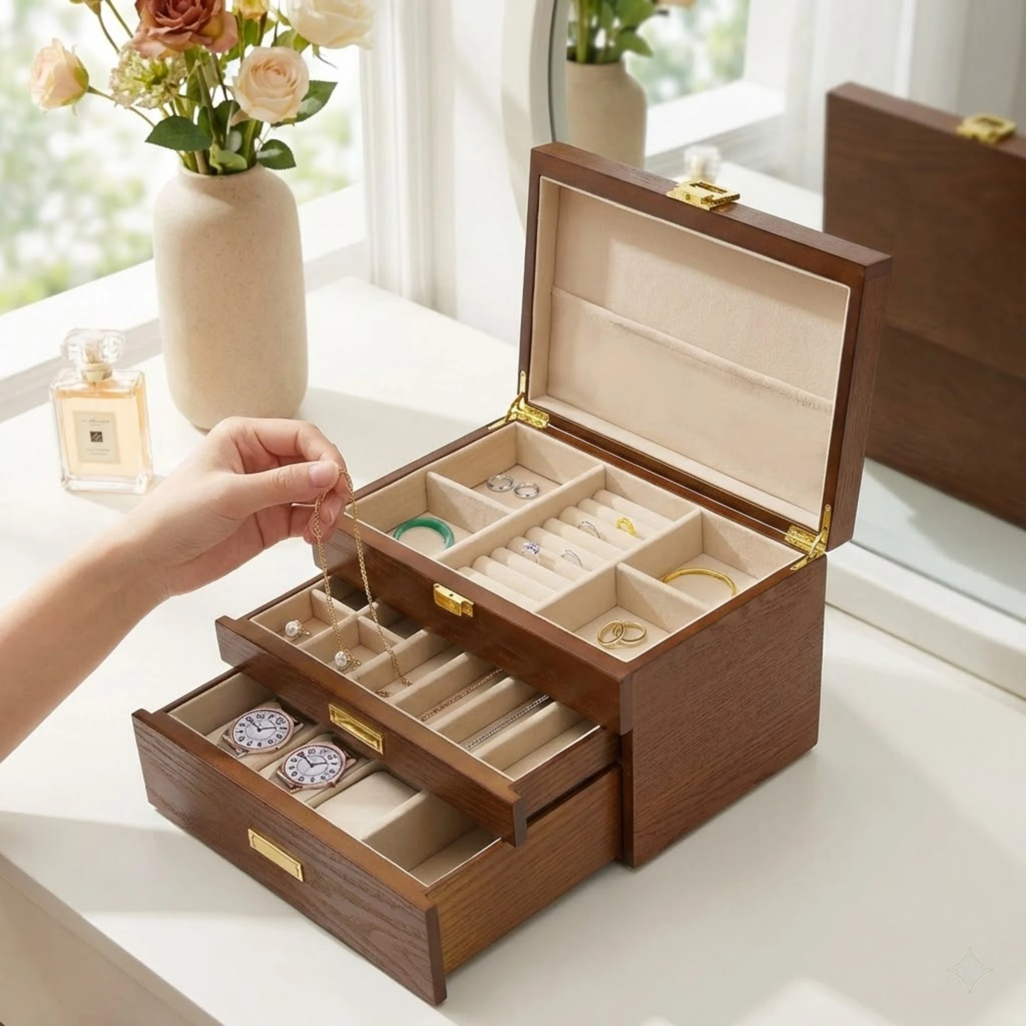 

Wooden 3 Layer Jewelry Box Organizer for Women Large Capacity Watch Ring Necklace Storage Case with Drawers Elegant Brown