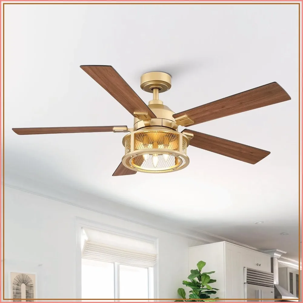 52 in Vintage Gold Ceiling Fan with Light Remote, 5 Blades, Reversible Motor for Living Room