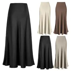 Satin Midi Skirt Woman High Waist Long Skirts Faux Silk 2024 Spring Summer Casual Vintage Chic Female A Line Maxi Skirt Mujer
