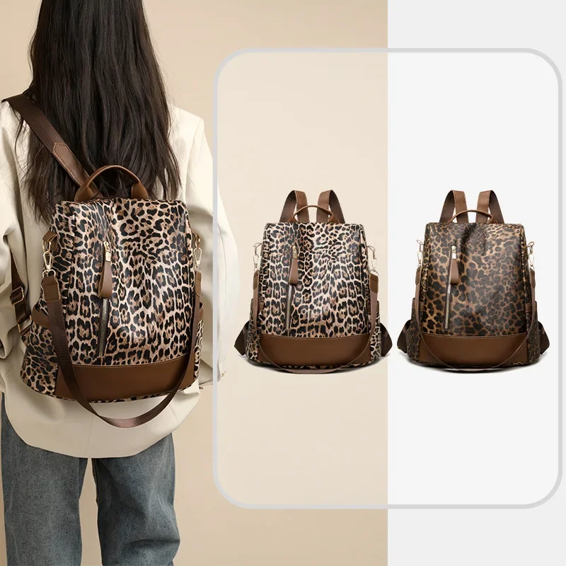 Fashionable Leopard Print Large Capacity Casual Travel Women's Backpack Anti-Theft Shoulder Bag Simple Design Cross-Border New M
